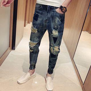 Wide-leg Ripped Color Panel Jeans