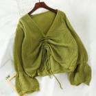 V-neck Drawstring Knit Top Green - One Size