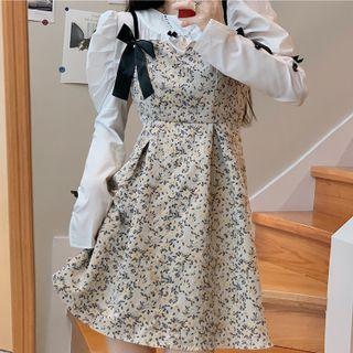 Spaghetti Strap Bow-front Floral A-line Dress / Long-sleeve Bow Top