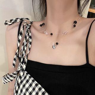 Heart Bead Fishing Line Layered Choker Black & White - One Size