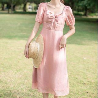 Twisted Puff-sleeve Midi A-line Dress