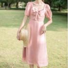 Twisted Puff-sleeve Midi A-line Dress