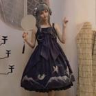 Spaghetti Strap Bow-accent Printed Lolita Dress Navy Blue - One Size