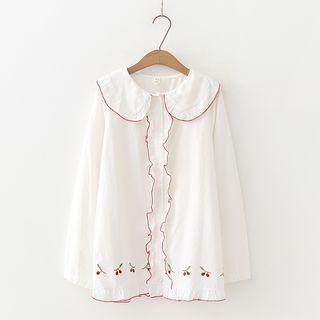 Cherry Embroidered Contrast-trim Blouse White - One Size