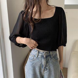 Short-sleeve Square-neck Mesh Panel Top