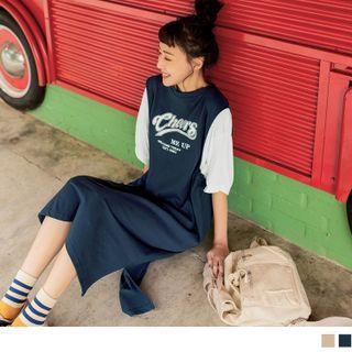 Elbow Sleeve Letter Print Slit Mock Two Piece Dress