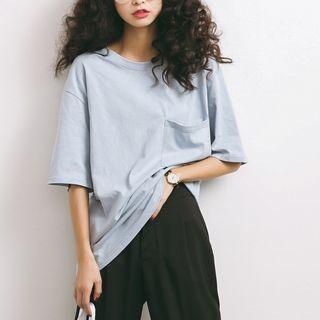 Elbow-sleeve Plain T-shirt Grayish Blue - One Size