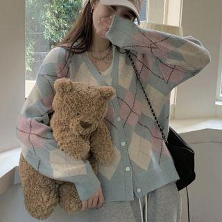 Color Block Argyle Knit Sweater Cardigan Light Blue - One Size