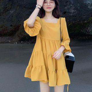 Elbow-sleeve Ruffle Trim Layer Pleated Dress
