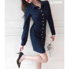 Metal-button Shirred Slim-fit Shirtdress