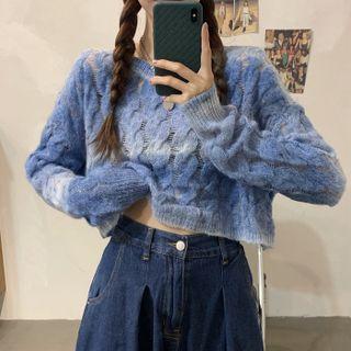 Tie-dyed Cable Knit Cropped Sweater Blue - One Size