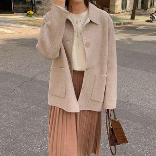 Collared Buttoned Woolen Jacket Beige - One Size