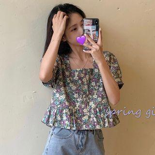 Square Collar Short-sleeved Floral Top White - One Size