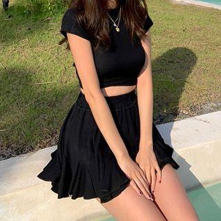Set: Short-sleeve Wrap Tankini Top + Swim Skirt
