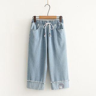 Cartoon Embroidered Washed Denim Shorts / Capri Jeans