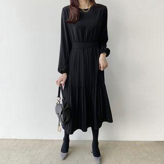 Long-sleeve Pleat Midi A-line Dress