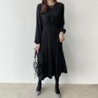 Long-sleeve Pleat Midi A-line Dress