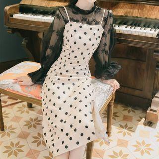 Set: Long-sleeve Lace Top + Spaghetti Strap Dotted Midi Sheath Dress