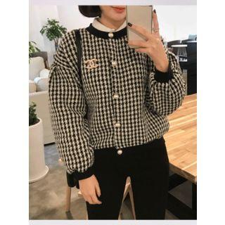 Crew-neck Tweed Wool Blend Cardigan