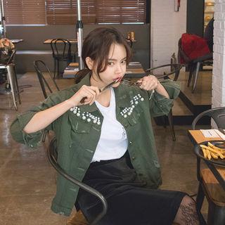 Faux-pearl Appliqu  Distressed Military Jacket