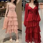 Long Sleeve Ruffle Hem Sleeveless Dress + Cardigan