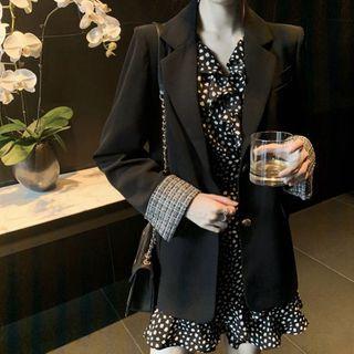 Dotted Long-sleeve Mini A-line Dress / Single-breasted Blazer / Set