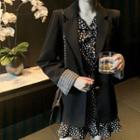 Dotted Long-sleeve Mini A-line Dress / Single-breasted Blazer / Set