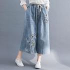 Embroidered Denim Cropped Wide-leg Pants