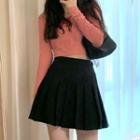 Long-sleeve Crop Top / Pleated Mini Skirt