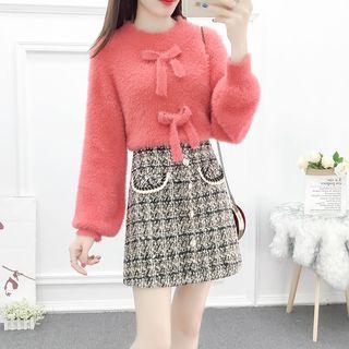Bow Detail Sweater / A-line Tweed Skirt / Set