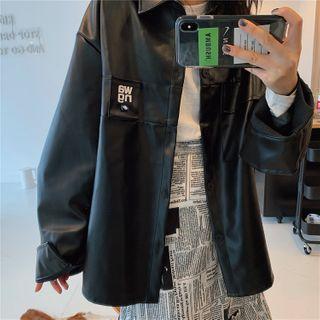 Faux Leather Lettering Blazer As Shown In Figure - One Size