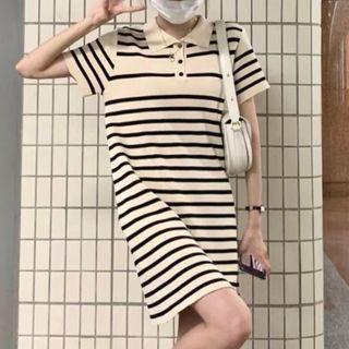 Short-sleeve Striped Polo Shirt Dress Stripe - Almond & Black - One Size