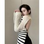 Open-back High-neck Striped Sweater Stripe - One Size