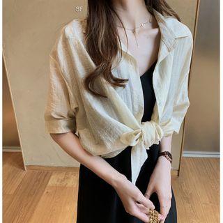 Elbow-sleeve Tie Waist Shirt