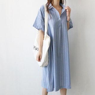 Stripe Linen Blend Boxy Midi Shirtdress