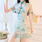 Set: Floral Print Lace Trim Short-sleeve Mini A-line Qipao + Shorts