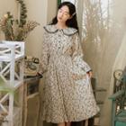 Lace Panel Floral Long-sleeve Chiffon Dress