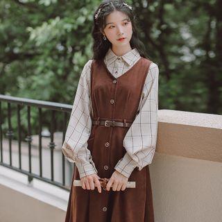 Plaid Shirt / Button-up Midi Overall Dress / Bowtie / Belt / Set