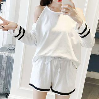 Set: Shoulder Cut Out Long-sleeve Top + Shorts