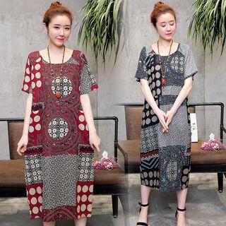 Patterned Panel Linen Cotton Short-sleeve Dress