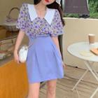 Floral Print Collared Short-sleeve Blouse / Mini A-line Skirt