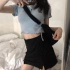 Short-sleeve Buttoned Placket Cropped T-shirt / Slit A-line Mini Skirt