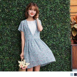 Mock Two Piece Short Sleeve Floral Dress