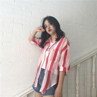 Mock Two Piece Lettering Striped Elbow Sleeve Shirt