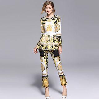 Set: Patterned Long-sleeve Top + Straight-cut Pants