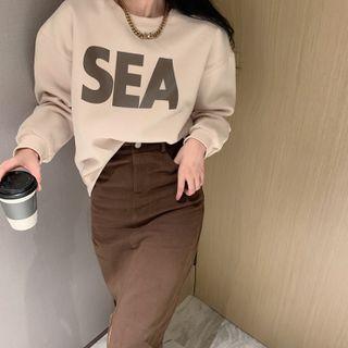 Lettering Print Sweatshirt / Midi Pencil Skirt