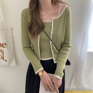 Set: Contrast Trim Cropped Cardigan + Camisole Top