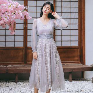Long-sleeve Sheer Embroidered A-line Midi Dress