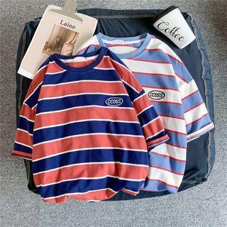 Couple Matching Letter Printed Striped Elbow-sleeve T-shirt