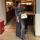 Set: 3/4-sleeve Accordion-pleat T-shirt + Wide-leg Pants